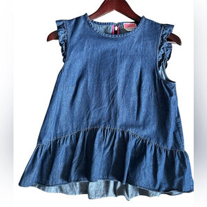 New Kate Spade women's blue 100% cotton denim top/blouse S ruffle short sleeves